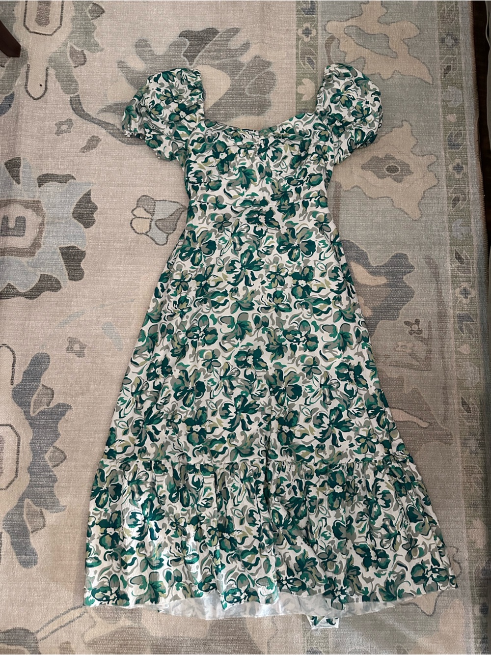 Floral Puff-Sleeve Maxi Dress in White and Teal
